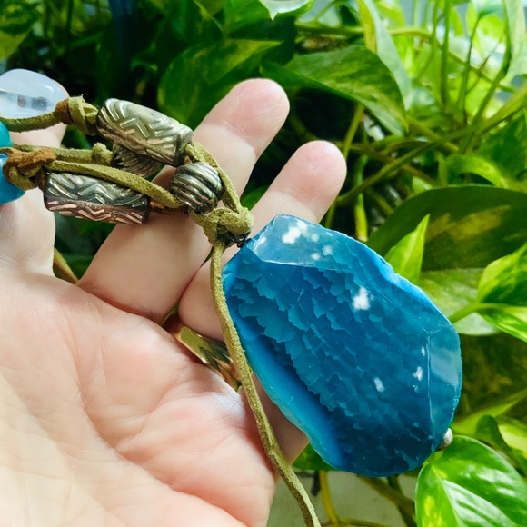 GENUINE STONE PENDANT BOHO CHIC LEATHER BEADED NECKLACE - NWOT - Picture 7 of 9